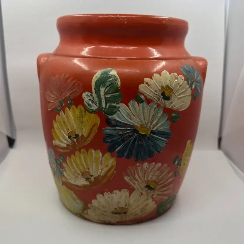 Vintage Ransburg hand-painted floral pottery Crock- No Lid, As Is