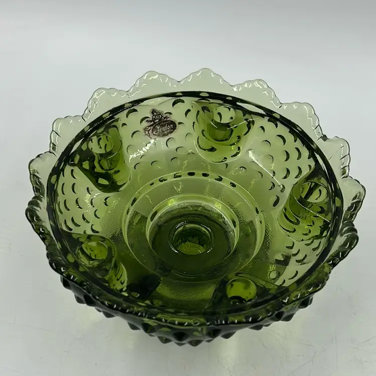 Fenton Colonial Green Hobnail Candle Holder 5 Small Outer Candle And 1 Center Pillar Candle Holder In The Middle.