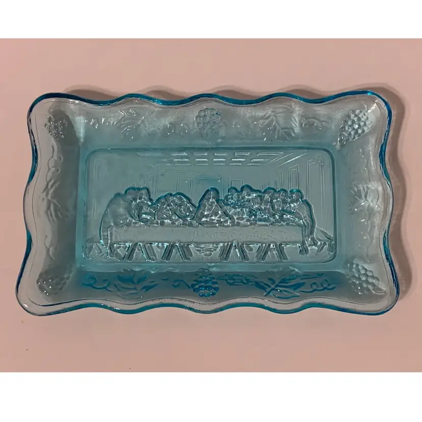 Indiana Tiara Glass Last Supper Aqua Blue Small Trinket Dish