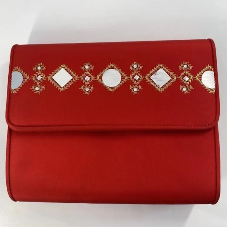 vintage st john made in italy Holiday red matte satin clutch W/ Mirror Appliqué