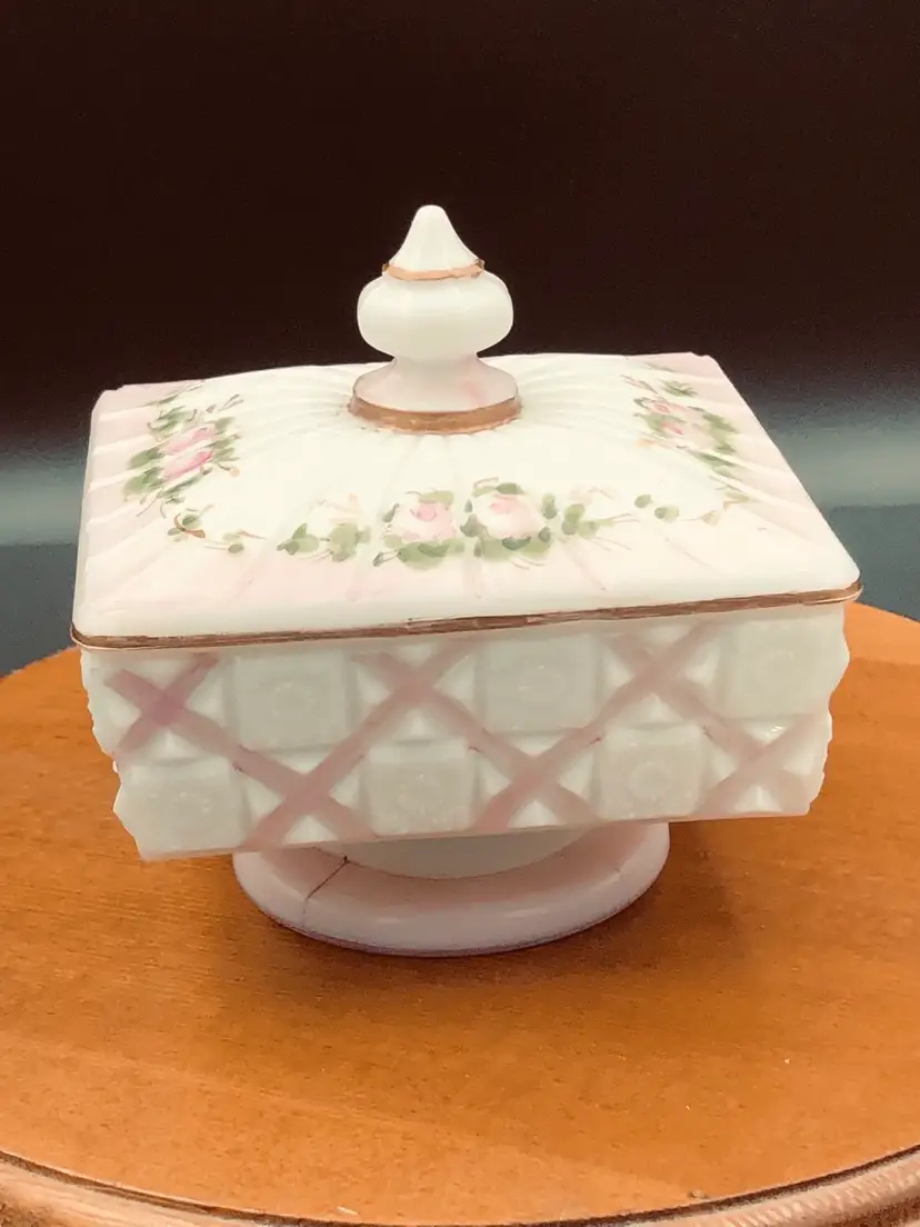 Vintage Milk Glass Candy Dish Hand Painted 
