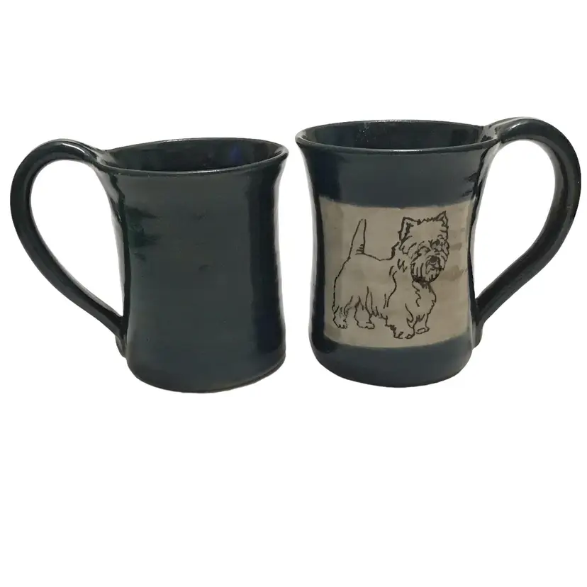 #01 West Highland Terrier Westie Dogs Signed Studio Art Pottery Mug Set of 2 Mugs