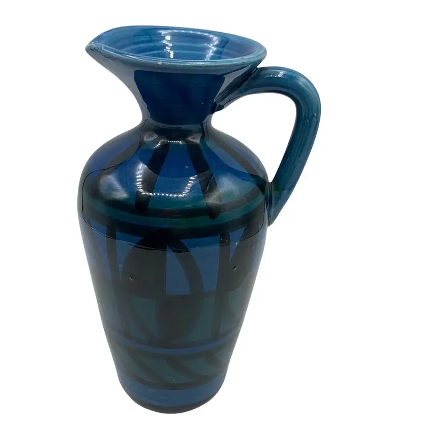 Vintage Pottery Vase Pitcher Blue Green  Italian Marked 7.5"