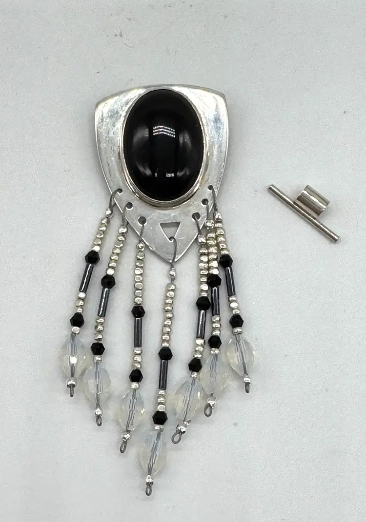 Black Onyx Sterling Silver Pin/ Pendant With Czech Glass Beads, Japanese Seed Beads