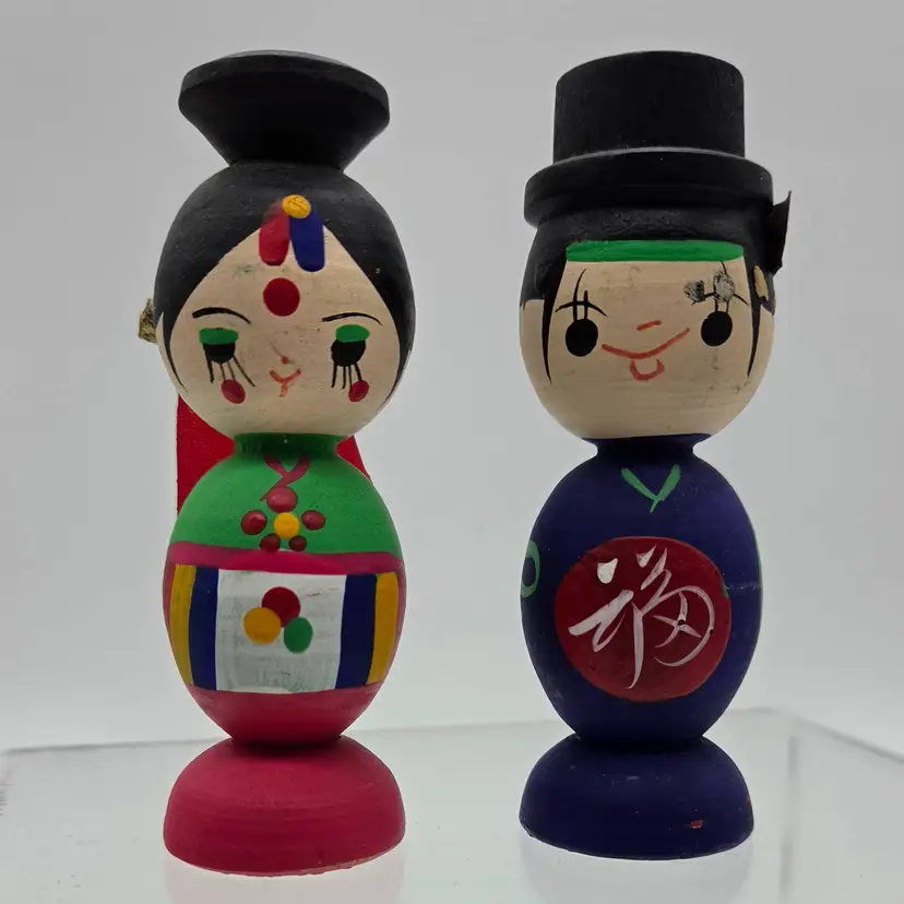 Vintage Wooden Kokeshi Doll Pair
