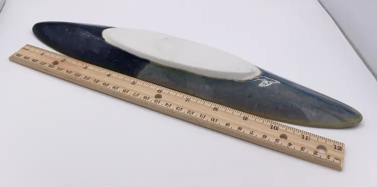 Mid Century Modern Blue Glazed Ceramic Olive Serving Dish. Signed studio pottery.