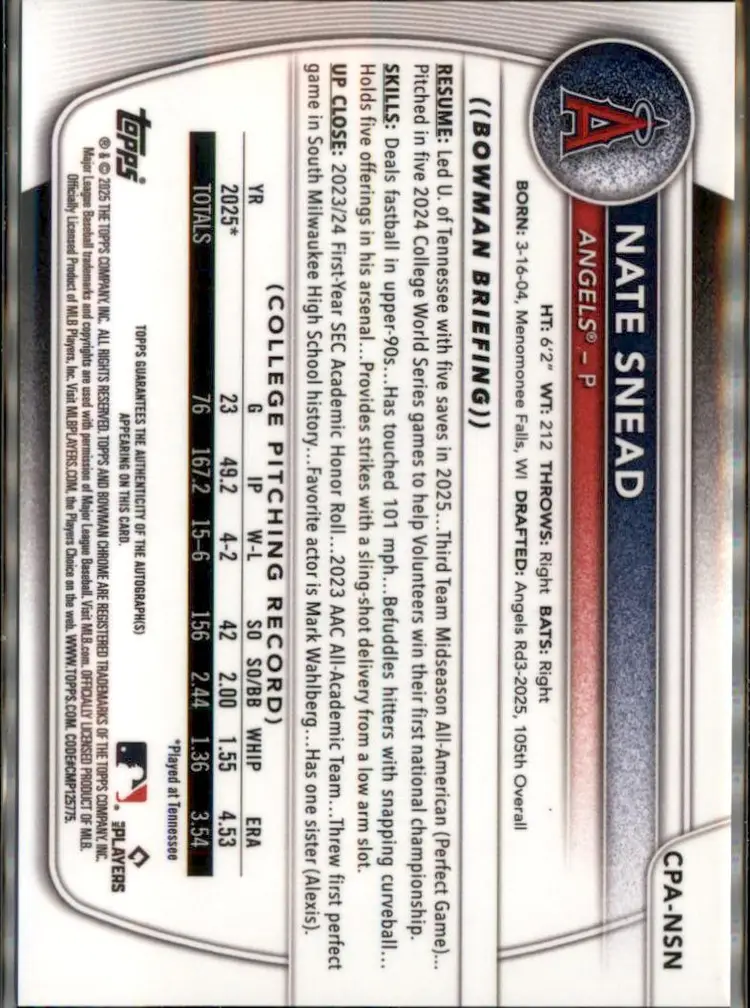 2025 Bowman Draft #CPA-NSN Nate Snead Chrome Prospect Autographs - (138) - Los Angeles Angels