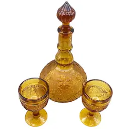 Retro Indiana Glass Tiara Amber Decanter Bar Ware With Two Goblets Floral Boho
