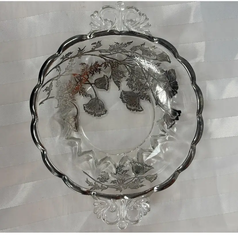 1950’s New Martinsville Silver City Flanders Poppy Silver Overlay Crystal Bowl