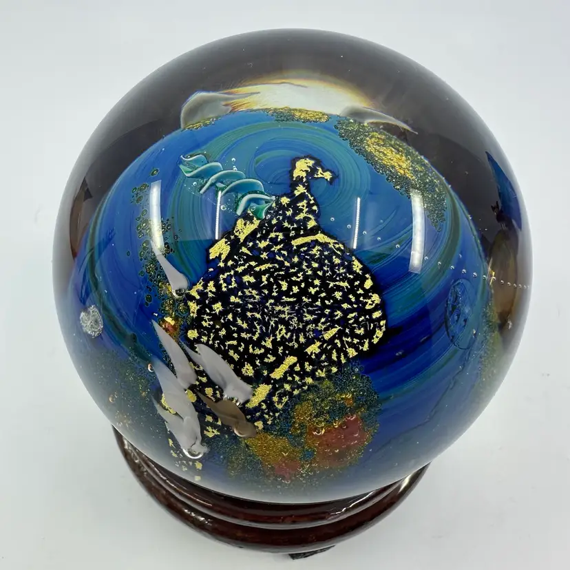 Josh Simpson Art Glass Inhabited Planet 1992 Signed Ocean Sea Paperweight On Wooden Stand 3”