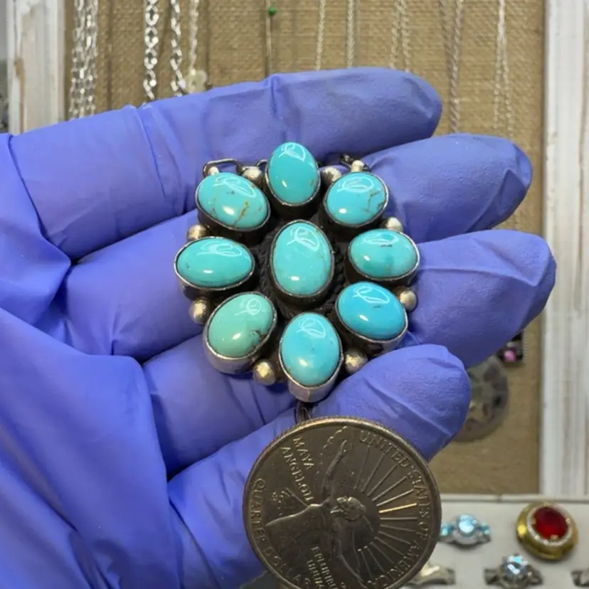 925 Kingman Turquoise Signed Native Blossom Necklace 20 inches Paperclip chain