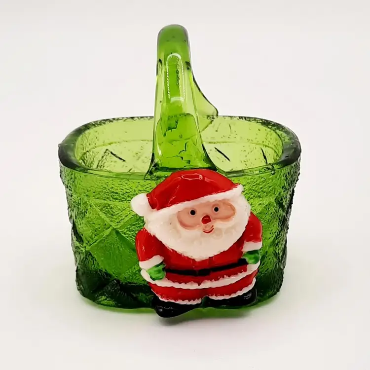 Vintage Enesco Mini Green Glass Basket with Applied Santa Claus