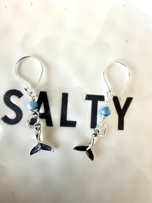 Whale Tail Sterling Silver Earrings With Blue Bead