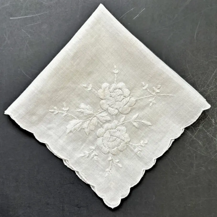 White Bridal Embroidered Floral Handkerchief Wedding Cottage Core Granny Vintage
