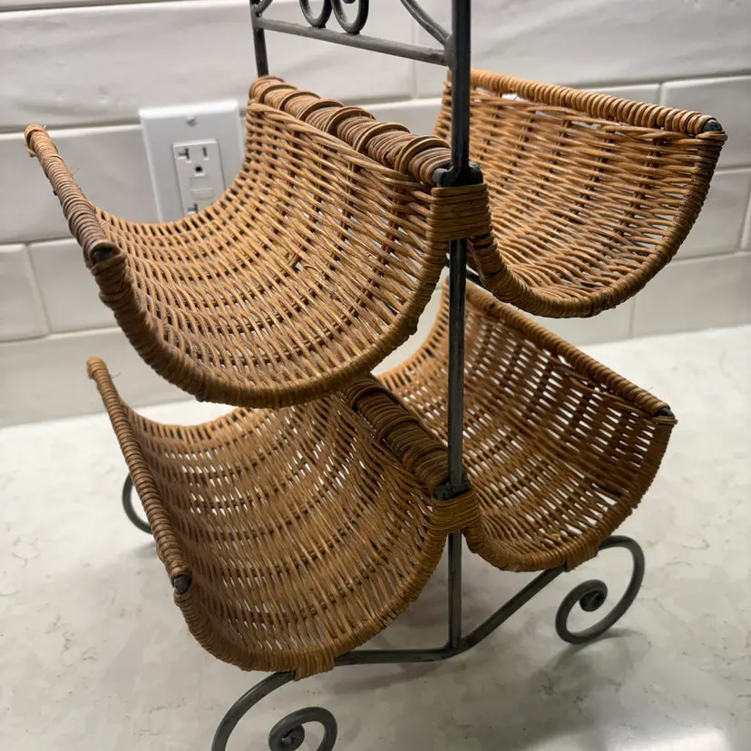 Vintage Wicker & Scrolled Iron Wine Rack / Towel Holder / Rolling Pin Display