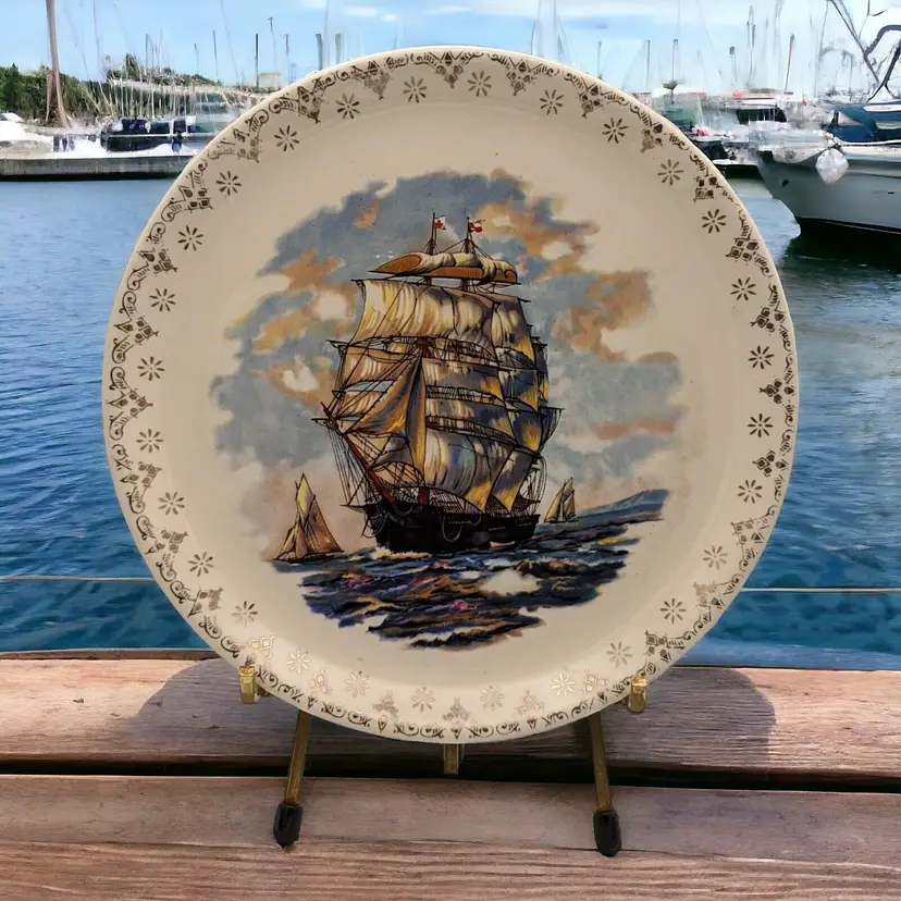 Vintage Sailing Ship Vessel Schooner Ceramic Plate Gold Filigree Edge 7.25"