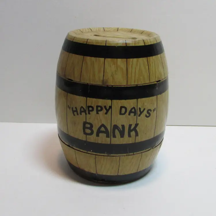 vintage Happy Days tin barrel bank