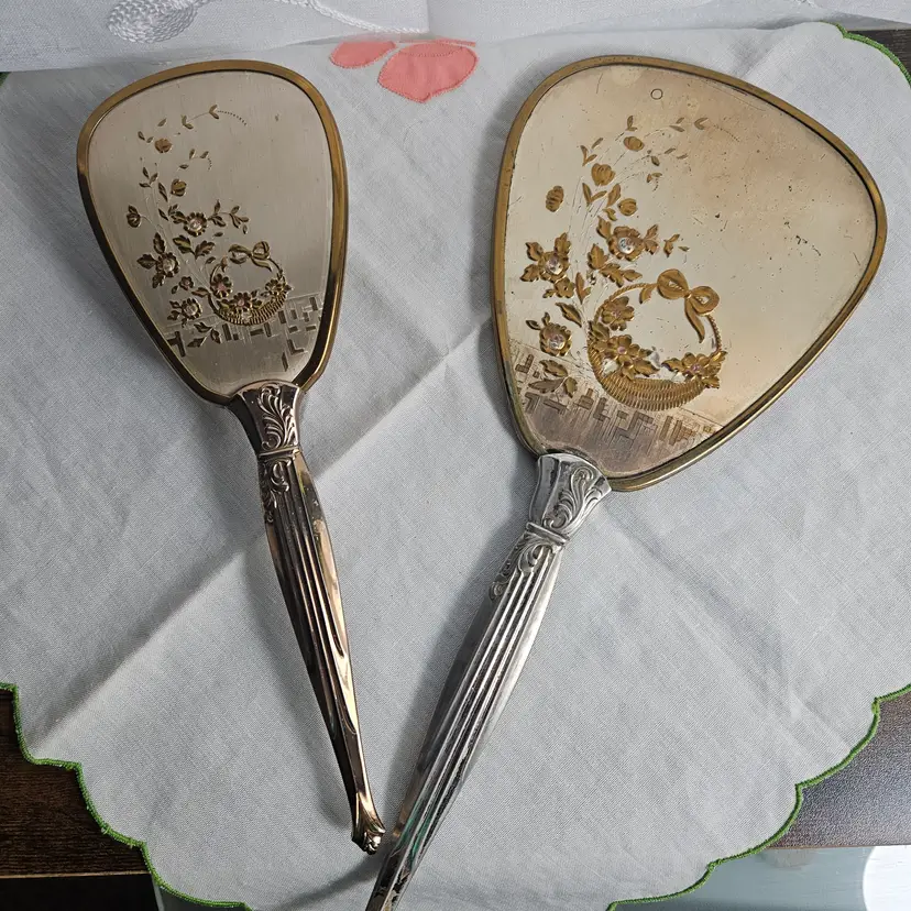 Vintage Gold Toned Vanity Set Hand Mirror and Brush