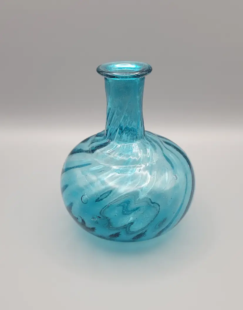 Vintage Blown Blue Glass Vase with Optic Swirl