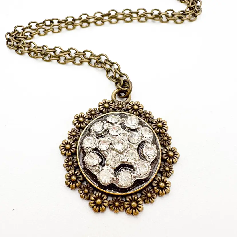 Handmade Gold Tone Pendant Necklace Repurposed Jewelry Clear Crystals 18"