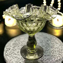 Fenton Green Glass Ruffled Pedestal Compote 6" tall