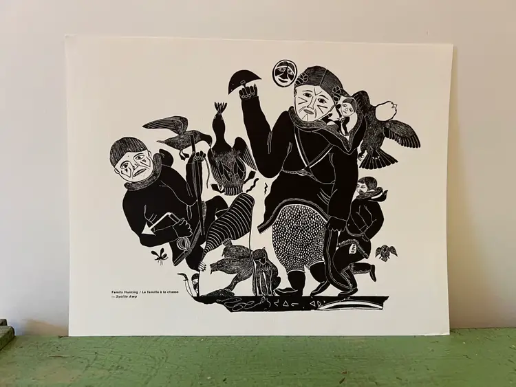 1970s Inuit Art Print - Family Hunting- Syollie Awp- Vintage Eskimo La Fédération des Coopératives du Nouveau Quebec