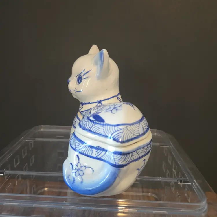 Cat Lidded Trinket Box Floral Blue & White Ceramic - 5" X 4.75"