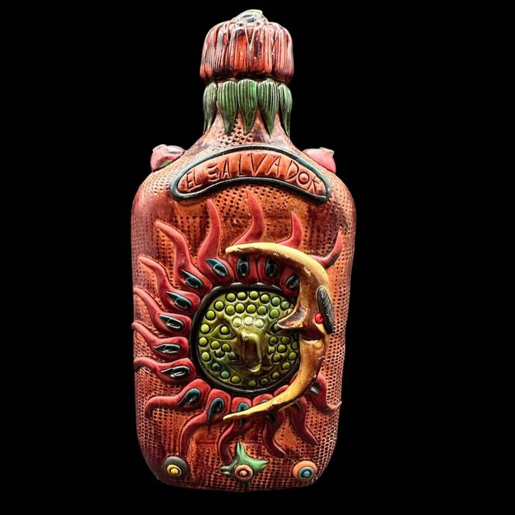 Vintage Crescent Moon Fiery Sun El Salvador Clay & Stone Display Bottle