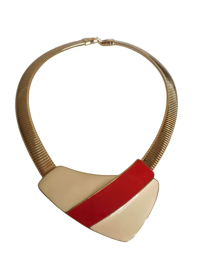 Vintage TRIFARI Gold Tone geometric red cream enamel Choker Necklace snake chain