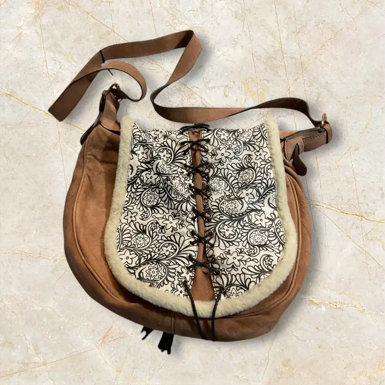 JUST CAVALLI Leather Crossbody Bag. New. Whipstitch Lace Detail. Zipper Closure.