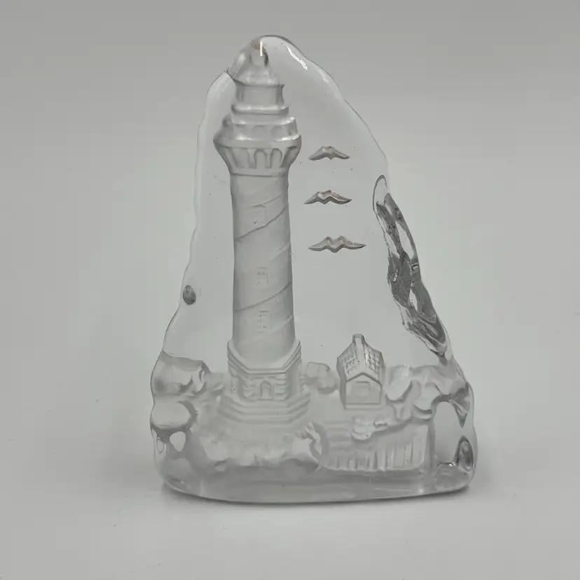 Clear Art Glass Lighthouse Sculpture Paperweight Reverse Carved Coastal Beach
