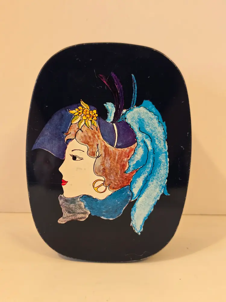 Vintage West Germany Decorative Tin with Art Nouveau Image Of A Stylized Woman in Blue
