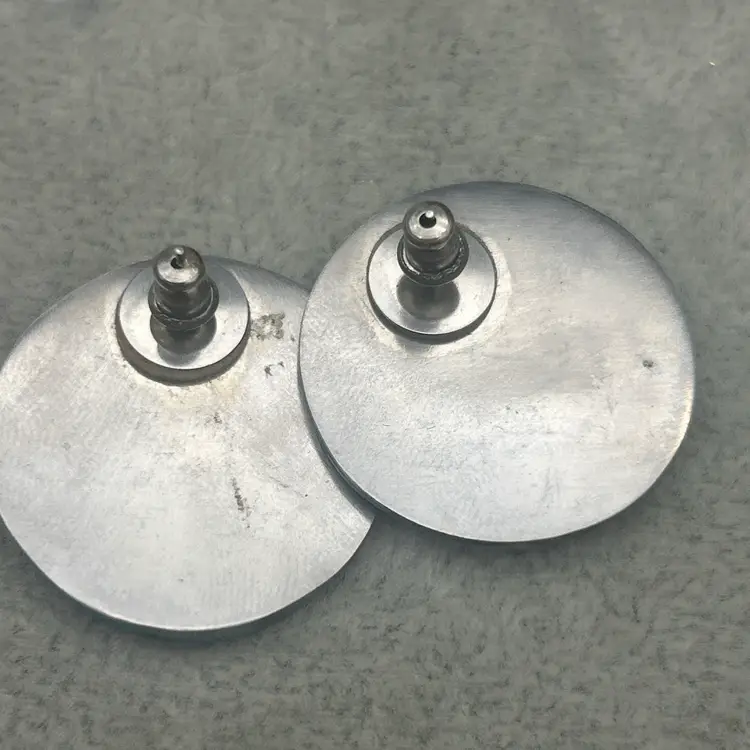 Vintage 1980s Blue Iridescent Shell Disc Earrings Silver Tone Stripe Statement Studs