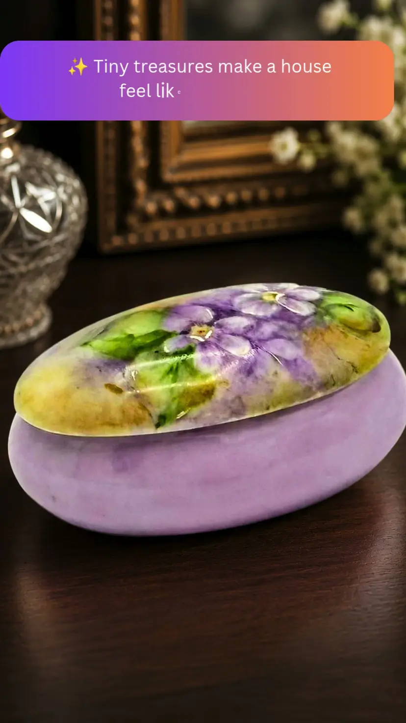 Vintage Oval Porcelain Trinket Box Lavender Purple Floral Jewelry Dish Signed