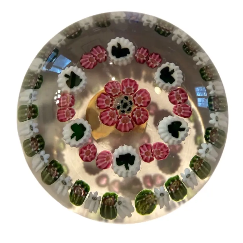 Early Vintage Parabelle Shamrock & Floral Millefiori OOAK Paperweight Art Glass Early 1990s 2.75”
