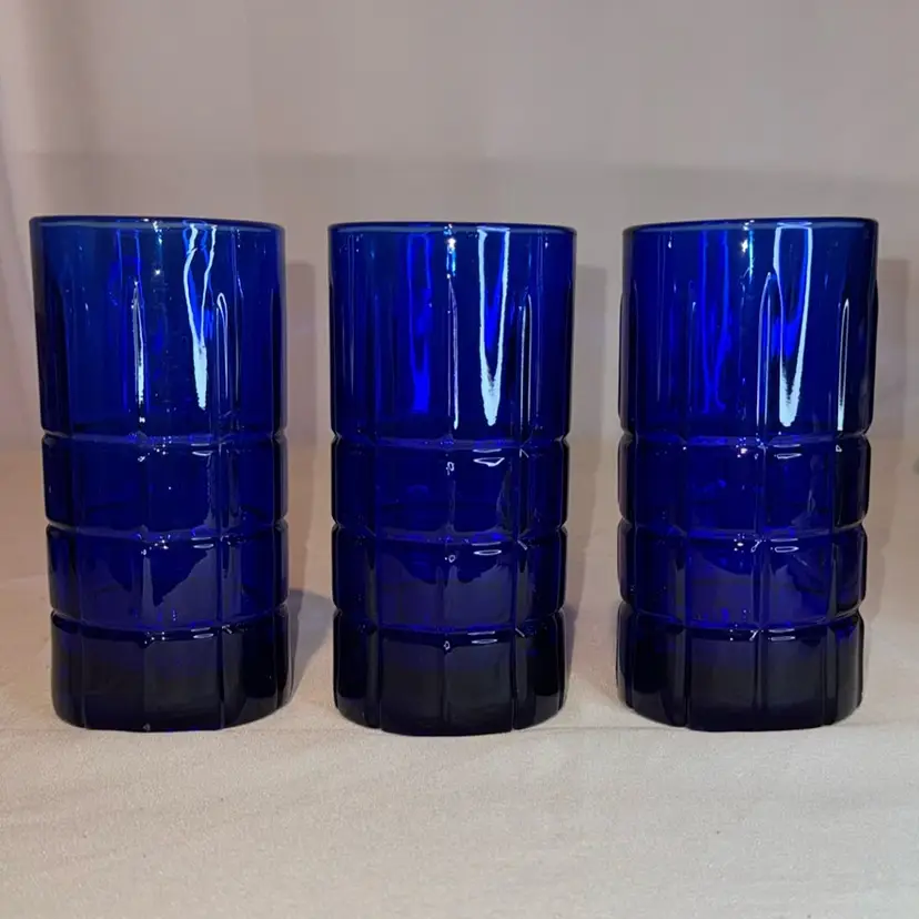 Vintage Anchor Hocking Cobalt Blue Tartan Glass Tumbler 6.25” Set Of 3 (16oz)