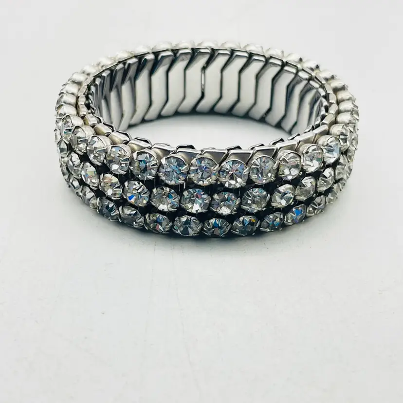 HIRFLEX USA Expansion Bracelet Triple Row Rhinestone Silver Tone Glam  Gift