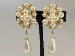 Vintage Faux Pearl Cluster Dangle Clip-On Earrings with Rhinestones