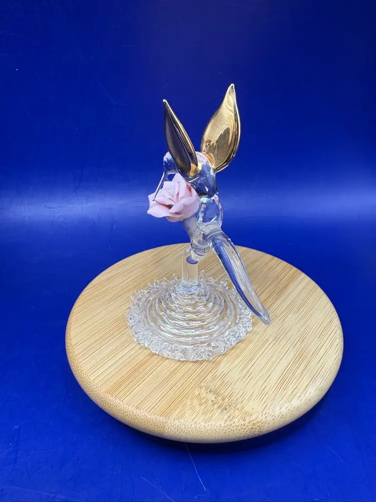 Glass Blown Hummingbird With Ceramic Pink Flower