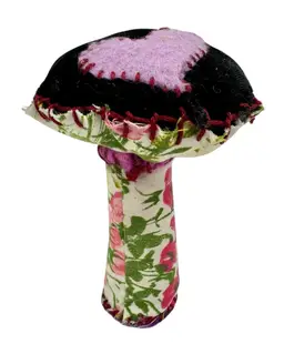 Handmade Fabric Sewn Mushroom Cap Pin Cushion Figurine Purple Floral Heart 4.5”