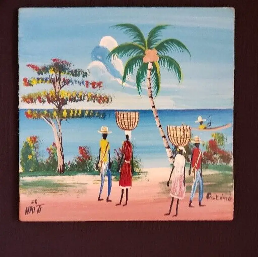 Studio Art Hand Painted Haiti Beach Scene Signed OSTINE 5"x5" approx. READ DESC.