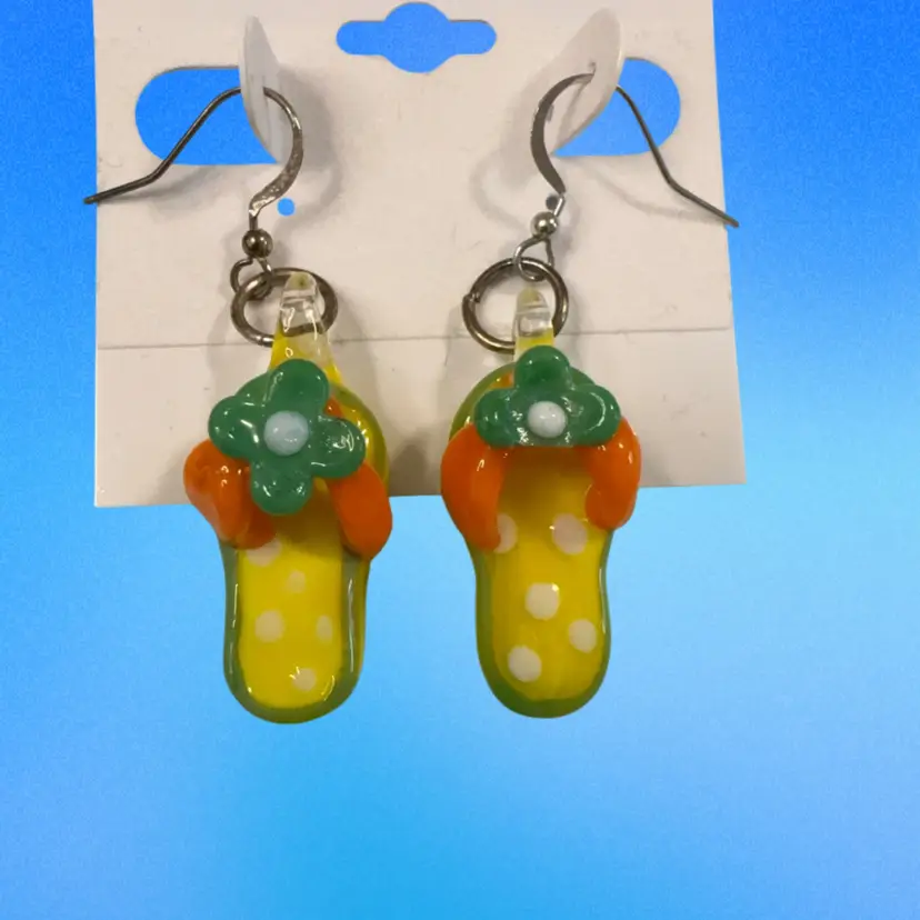 Glass Pierced Earrings Summer Sandler Flip Flops 2” Drop