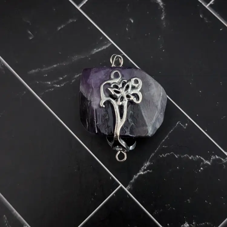 Vintage Pendant Raw Purple Stone with Silver Tone Accent - No Chain Included