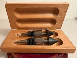 2 Wine Bottle Stoppers Stainless Steel Geometric Stoppers in Wooden Box