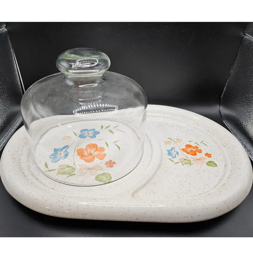VTG Pottery Craft Ceramic Cheese Tray Glass Clonch USA Floral Motif Grannycore