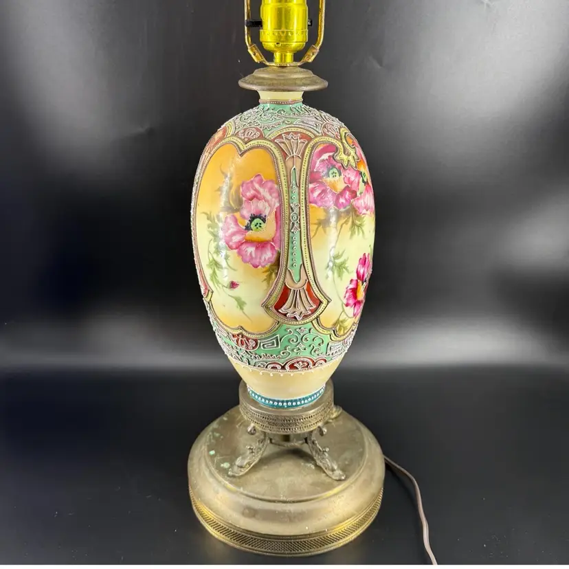 Antique Moriage Japanese Porcelain Hand Painted Floral Lamp AS IS