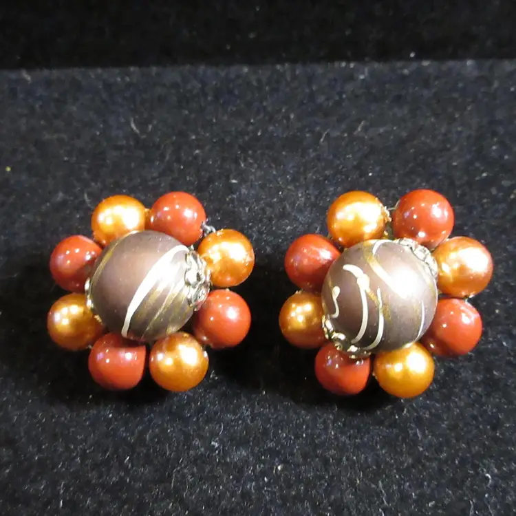 Vintage 1960s Brown and Copper Faux Pearl and Lucite Beaded Earrings with Silver Tone Metal made in Japan - 1 Inch Diameter, Clip On