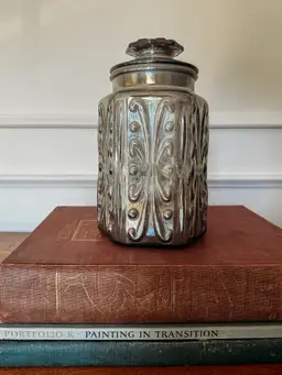 Vintage LE Smith Imperial Atterbury Scroll Glass Canister Jar Iridescent