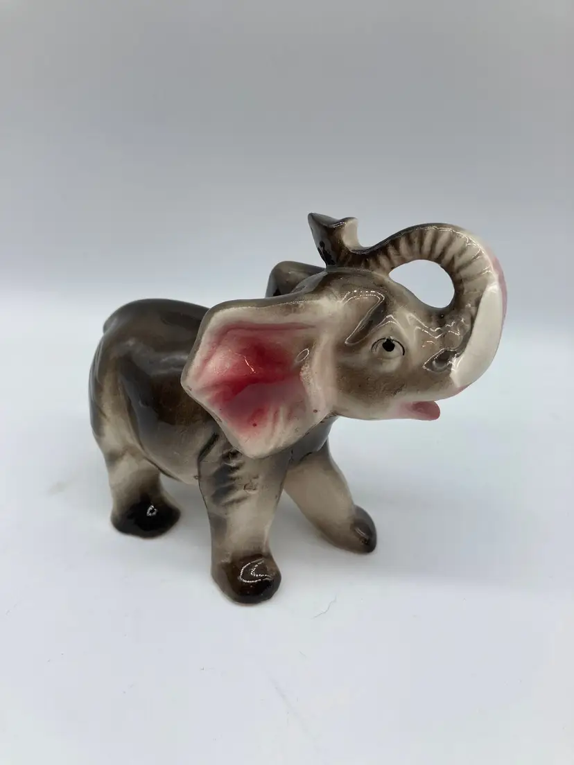 Vintage Elephant Trunks Up Figurine Japan Ceramic Miniature Gray Pink