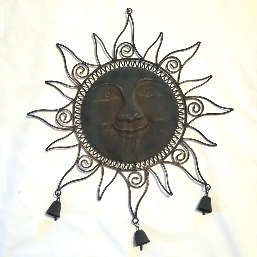 Wall Hanging Wind Chime Celestial Sun Face Copper-tone with 3 Metal Bells Vintage